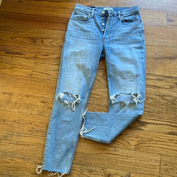 Redone Originals 90’s High Rise Crop Button Fly Destroyed Frayed Hem Jeans Sz 28 - Picture 4 of 14